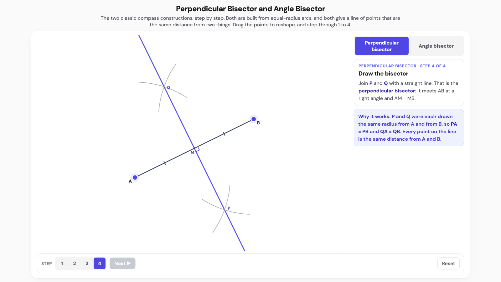 Bisector constructions interactive. A line segment AB with compass arcs crossing above and below, joined into the perpendicular bisector meeting AB at a right angle.