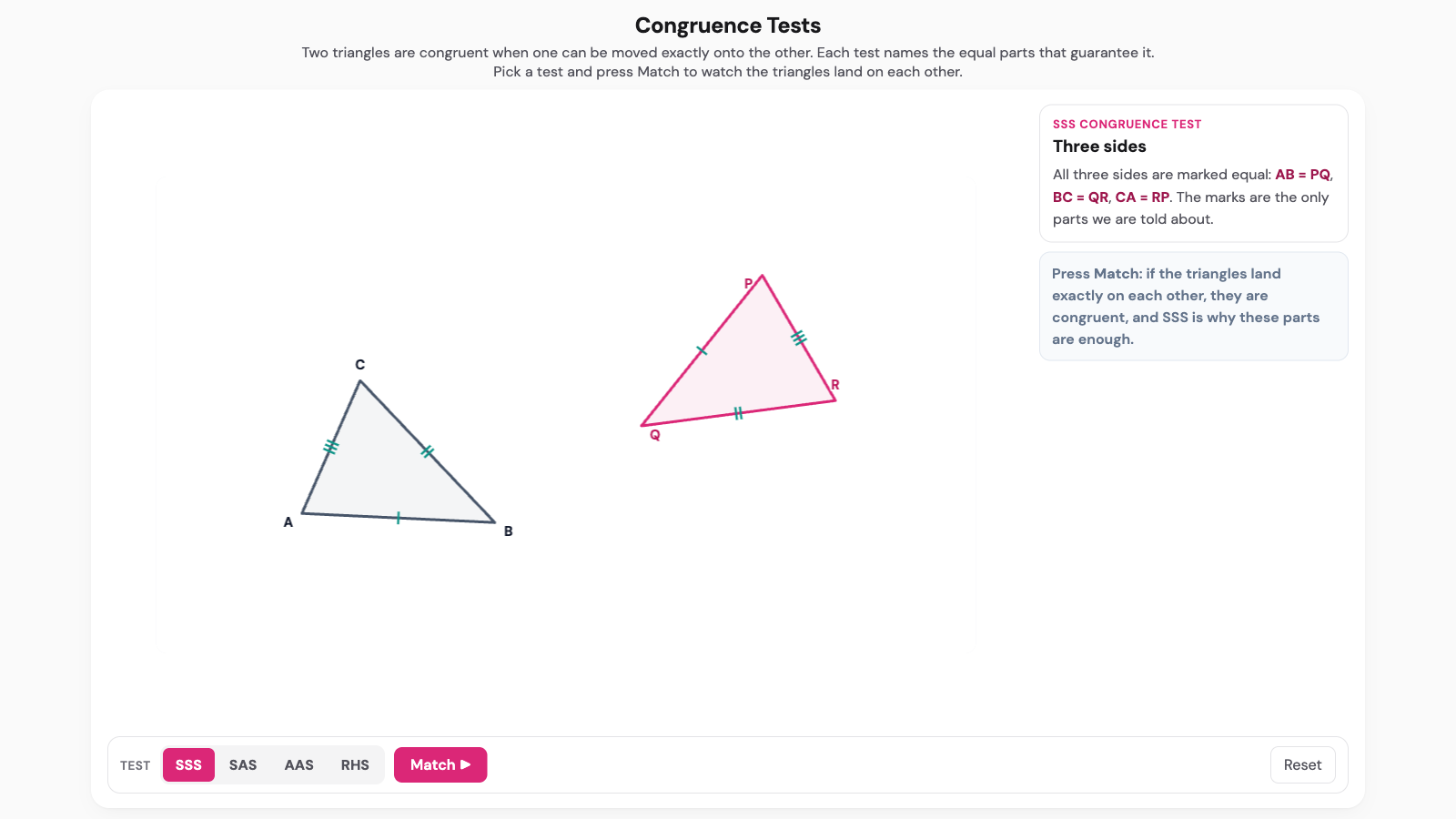 Congruence tests interactive. Two triangles side by side with matching sides tick-marked, ready to be slid onto each other to show they are congruent.