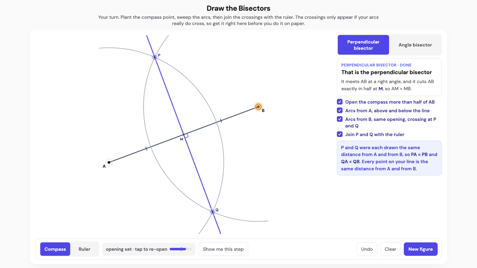 Draw the bisectors interactive. A segment AB with the student's own compass arcs crossing at P above and Q below, joined by a ruled line that meets AB at a right angle, beside a checklist of four construction steps.