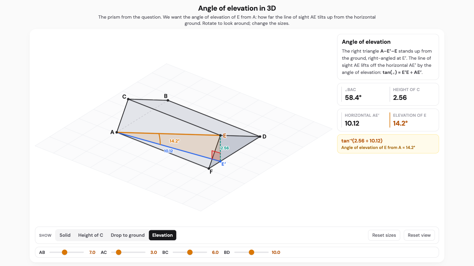 Angle of elevation in 3D interactive. A triangular prism on a horizontal grid, with the right triangle from corner A up to the far top corner E and the angle of elevation marked.