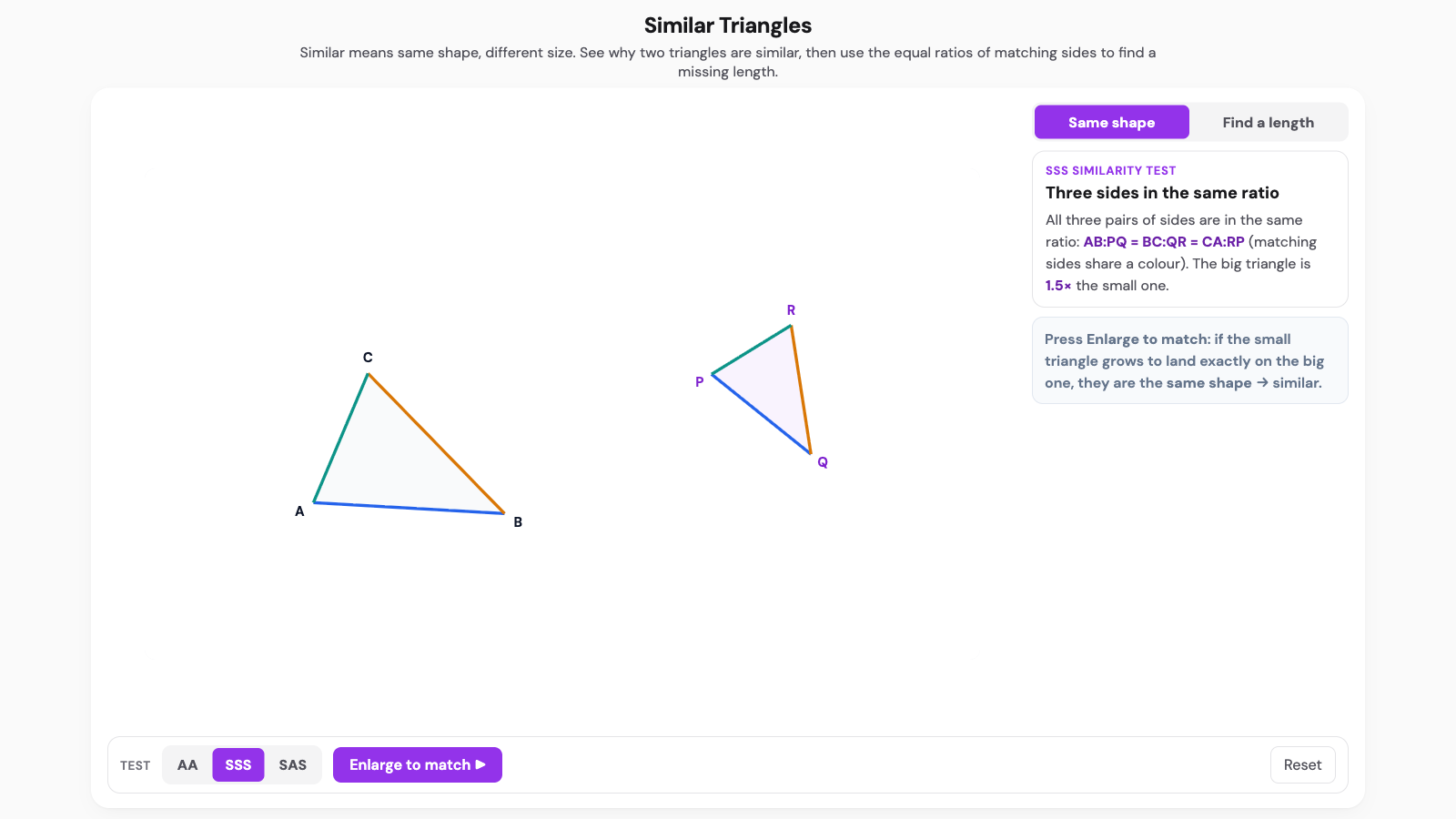Similar triangles interactive. A small triangle and a larger triangle of the same shape, with matching sides colour-coded to show they are in the same ratio.